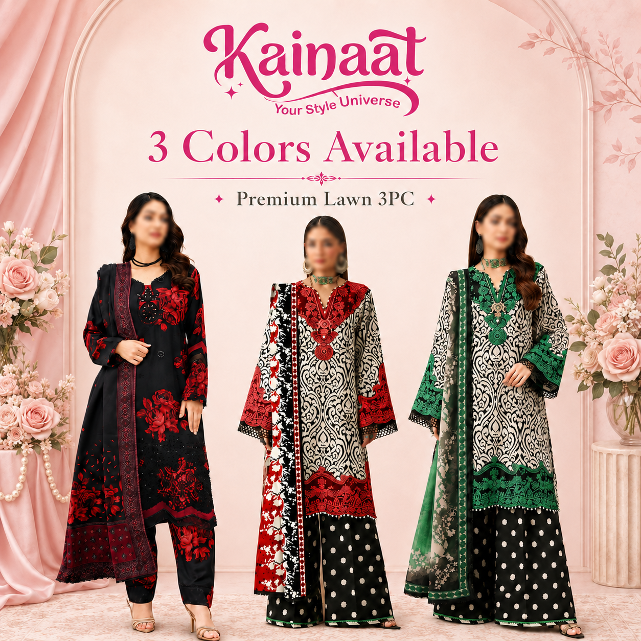 Kainaat Premium Chikankari Lawn Suit with Voile Dupatta – Unstitched 3 Piece