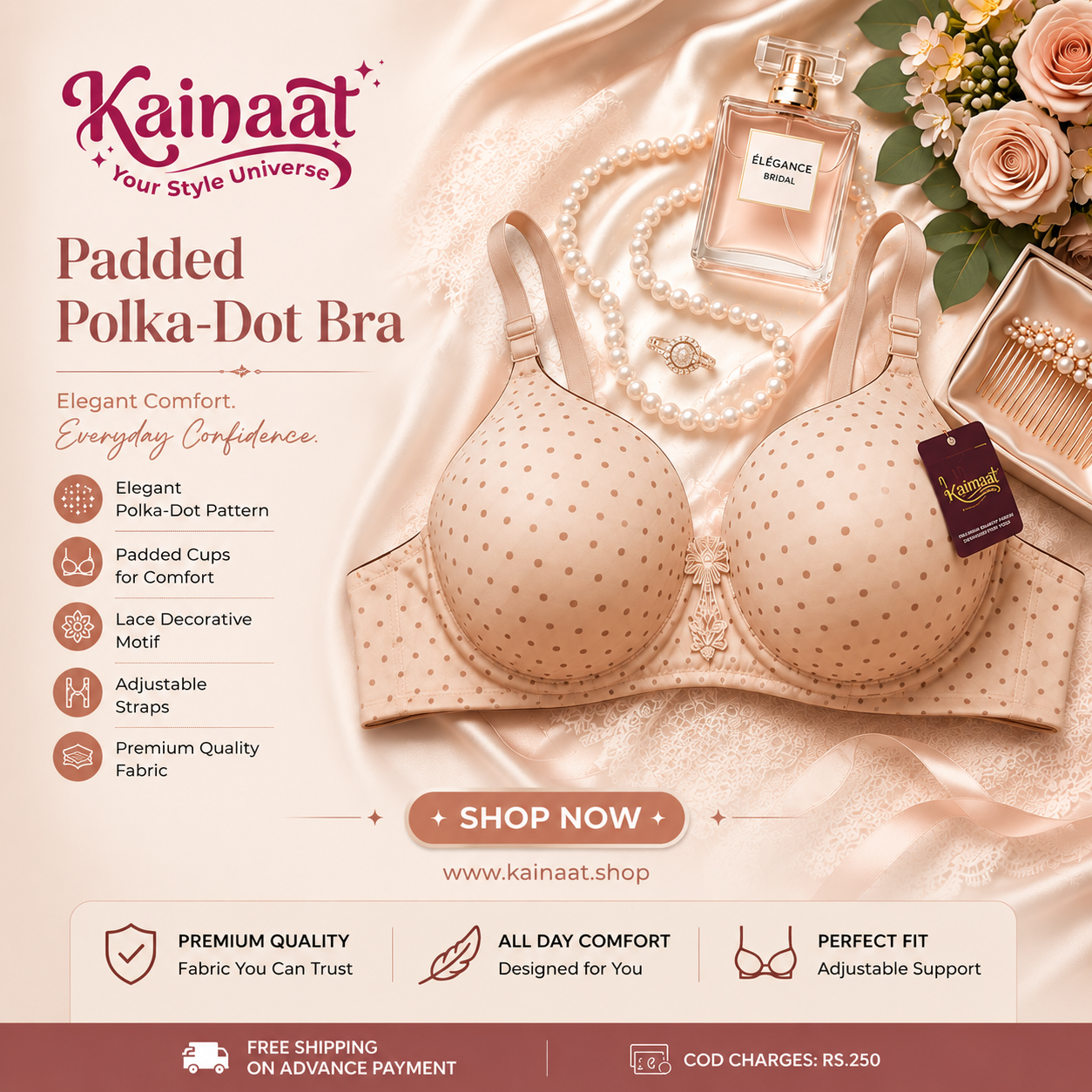 Kainaat Luxury Padded Polka Dot Bra Elegant Comfort • Perfect Shape • Everyday Confidence