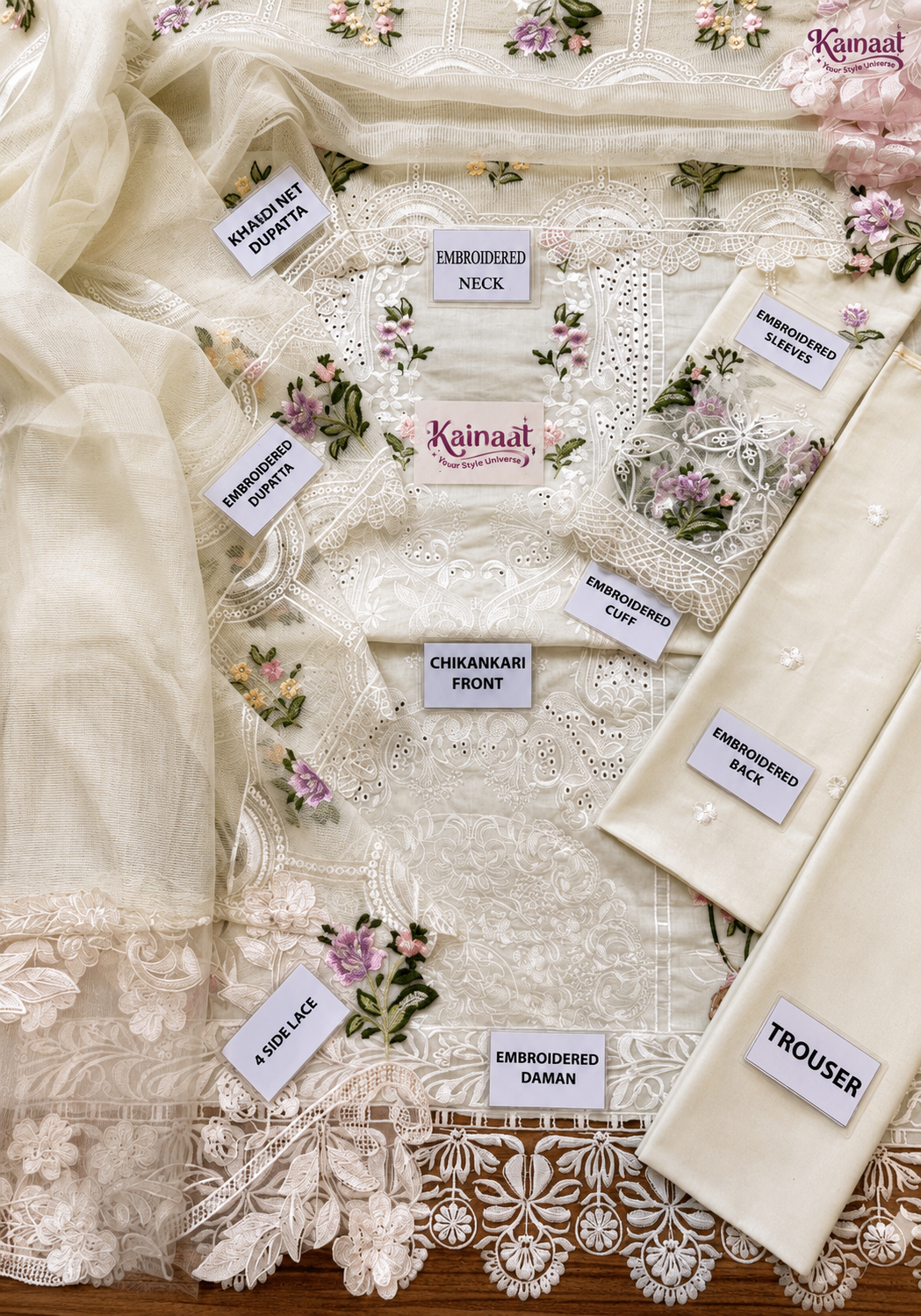 Kainaat Chikankari Collection – Heavy Embroidered Lawn 3 Piece Suit with Khaddi Net Dupatta