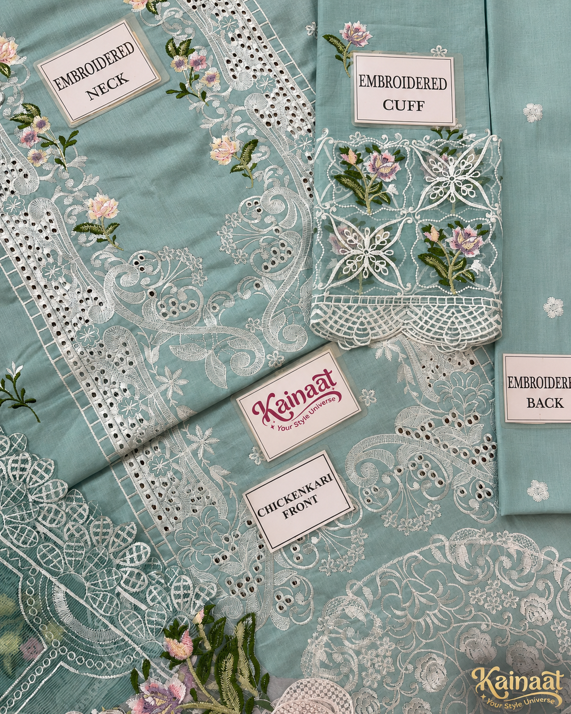 Kainaat Chikankari Collection – Heavy Embroidered Lawn 3 Piece Suit with Khaddi Net Dupatta