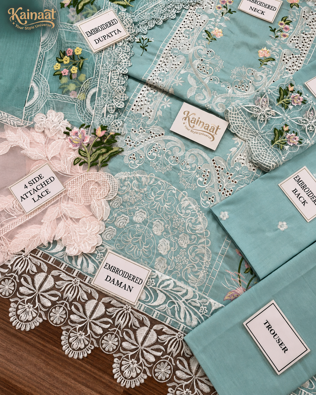Kainaat Chikankari Collection – Heavy Embroidered Lawn 3 Piece Suit with Khaddi Net Dupatta