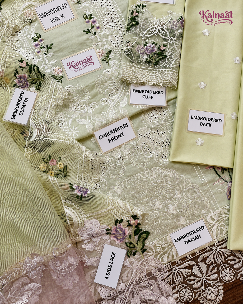 Kainaat Chikankari Collection – Heavy Embroidered Lawn 3 Piece Suit with Khaddi Net Dupatta