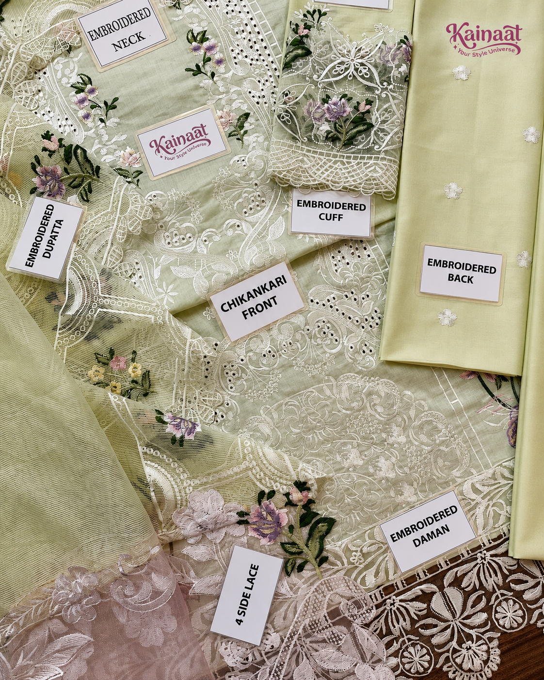 Kainaat Chikankari Collection – Heavy Embroidered Lawn 3 Piece Suit with Khaddi Net Dupatta