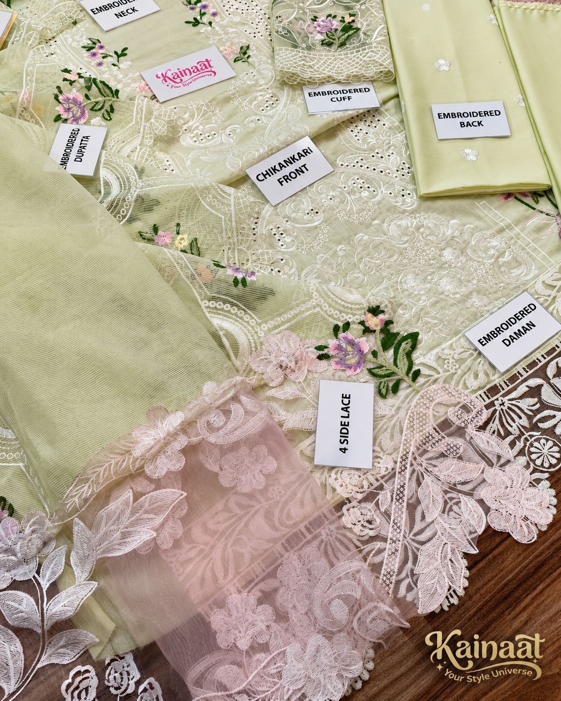 Kainaat Chikankari Collection – Heavy Embroidered Lawn 3 Piece Suit with Khaddi Net Dupatta