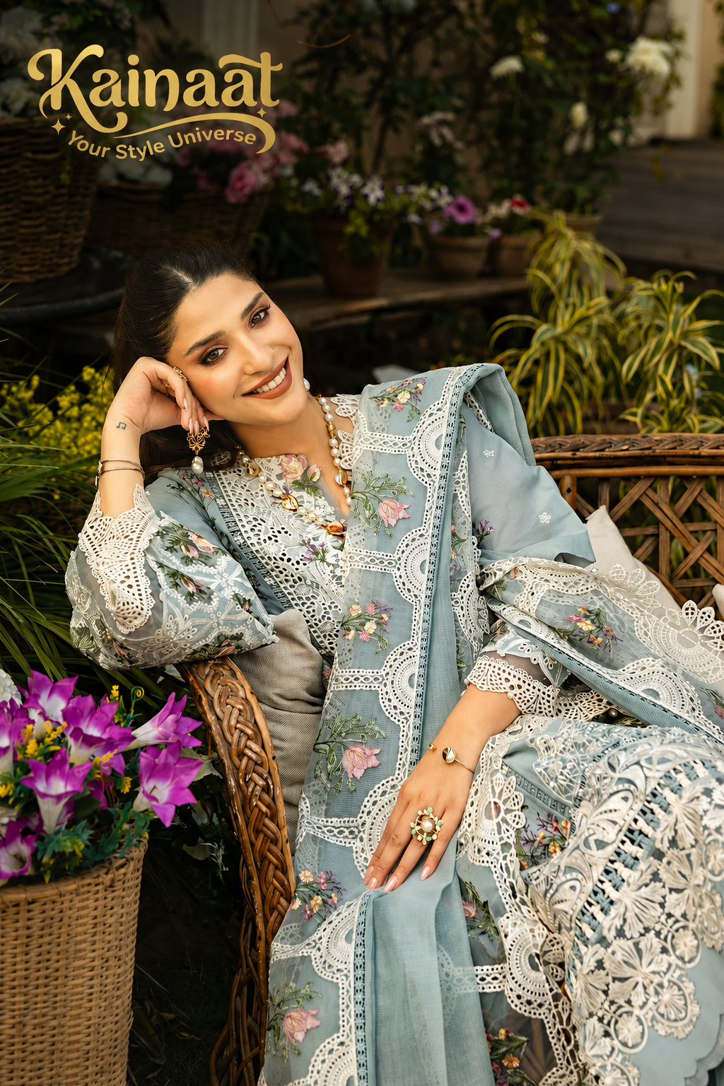 Kainaat Chikankari Collection – Heavy Embroidered Lawn 3 Piece Suit with Khaddi Net Dupatta