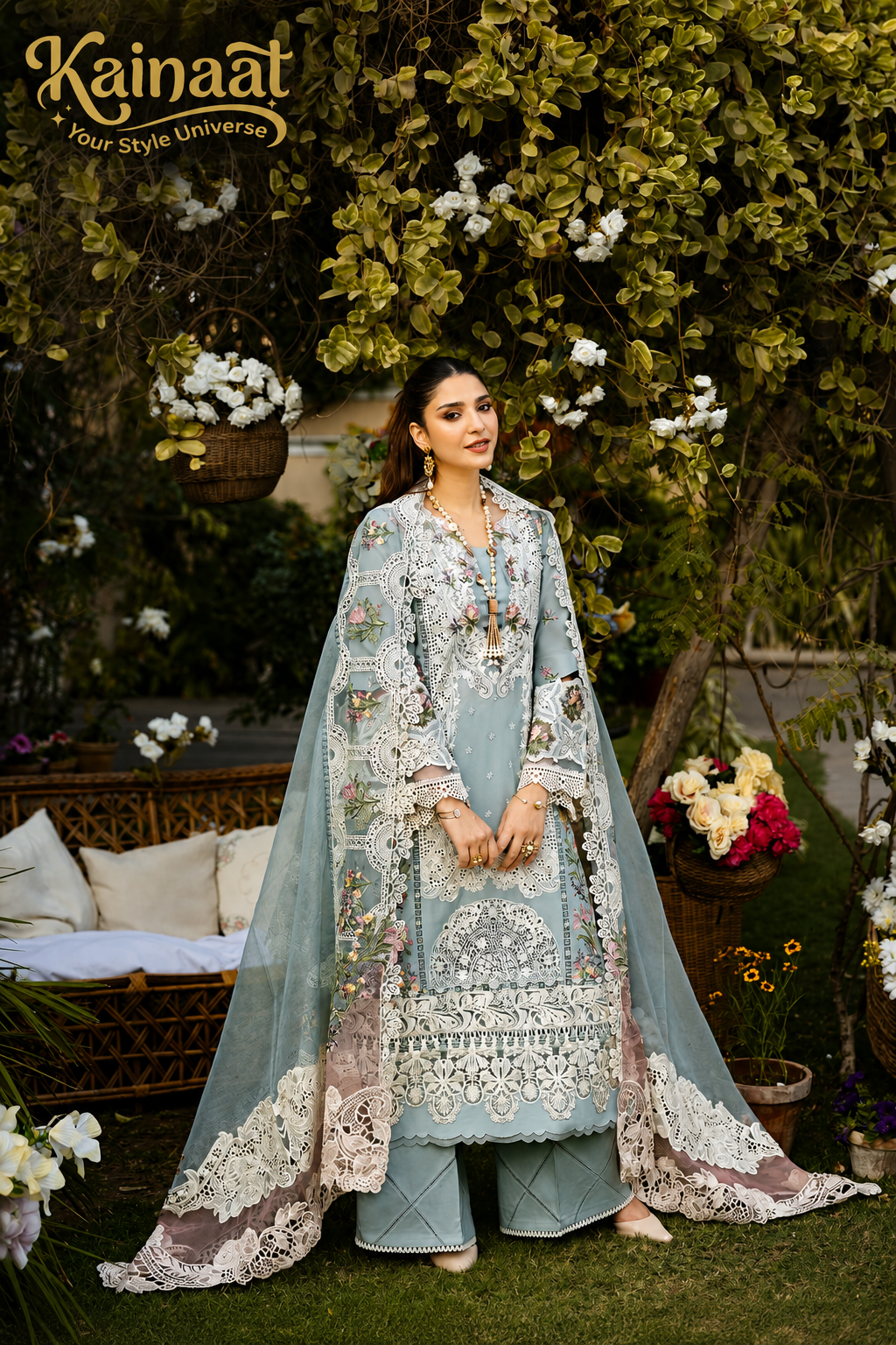 Kainaat Chikankari Collection – Heavy Embroidered Lawn 3 Piece Suit with Khaddi Net Dupatta