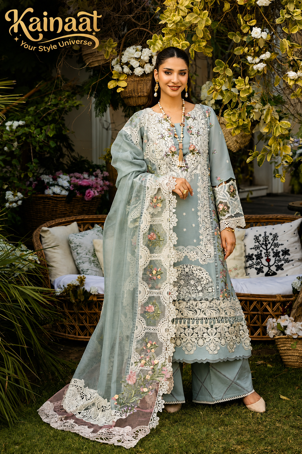 Kainaat Chikankari Collection – Heavy Embroidered Lawn 3 Piece Suit with Khaddi Net Dupatta