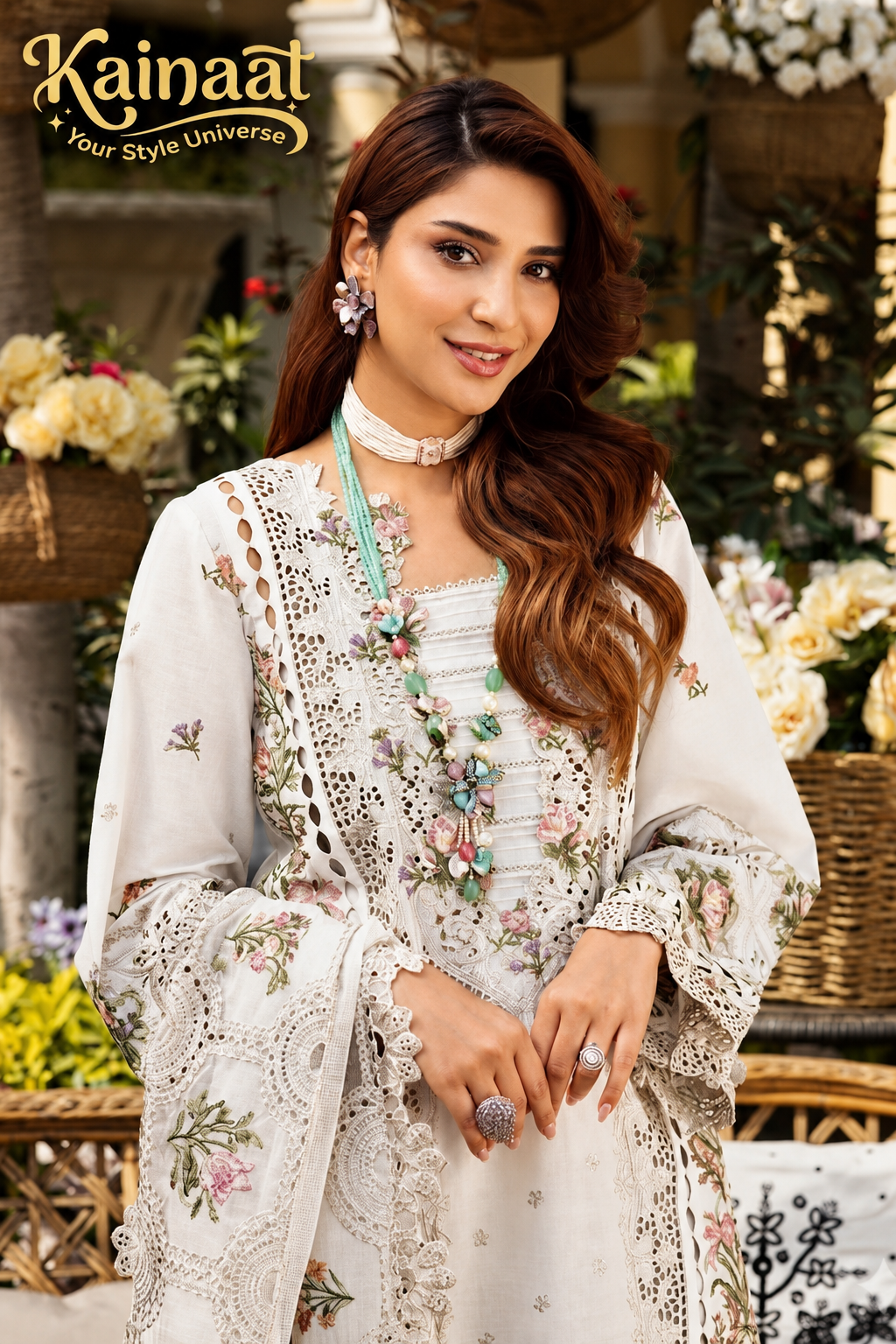 Kainaat Chikankari Collection – Heavy Embroidered Lawn 3 Piece Suit with Khaddi Net Dupatta