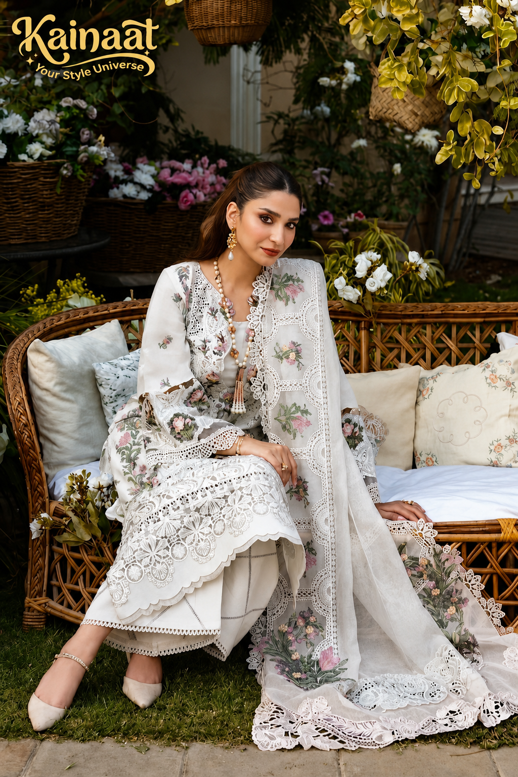 Kainaat Chikankari Collection – Heavy Embroidered Lawn 3 Piece Suit with Khaddi Net Dupatta
