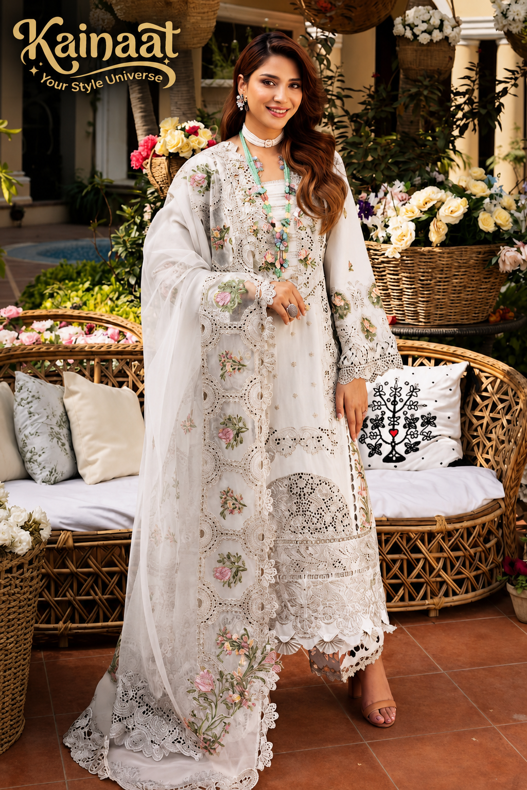 Kainaat Chikankari Collection – Heavy Embroidered Lawn 3 Piece Suit with Khaddi Net Dupatta
