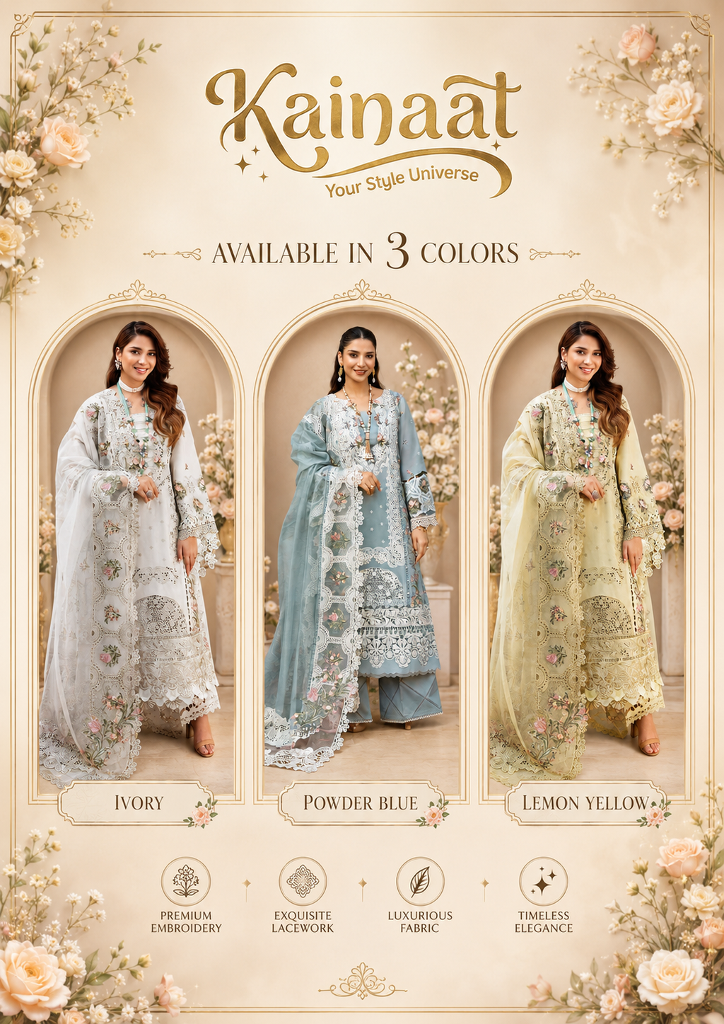 Kainaat Chikankari Collection – Heavy Embroidered Lawn 3 Piece Suit with Khaddi Net Dupatta