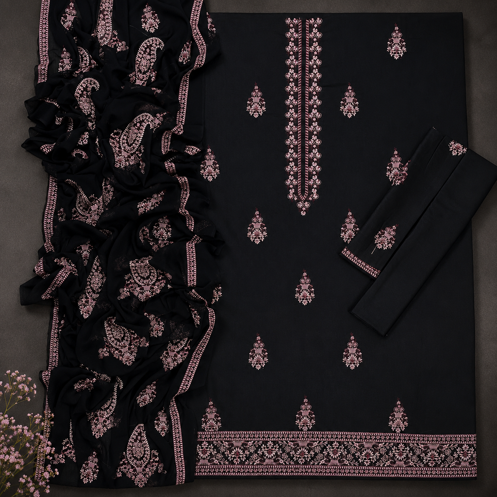 Kainaat Bareeze Lawn Embroidered Luxury Unstitched 3PC Suit – Black