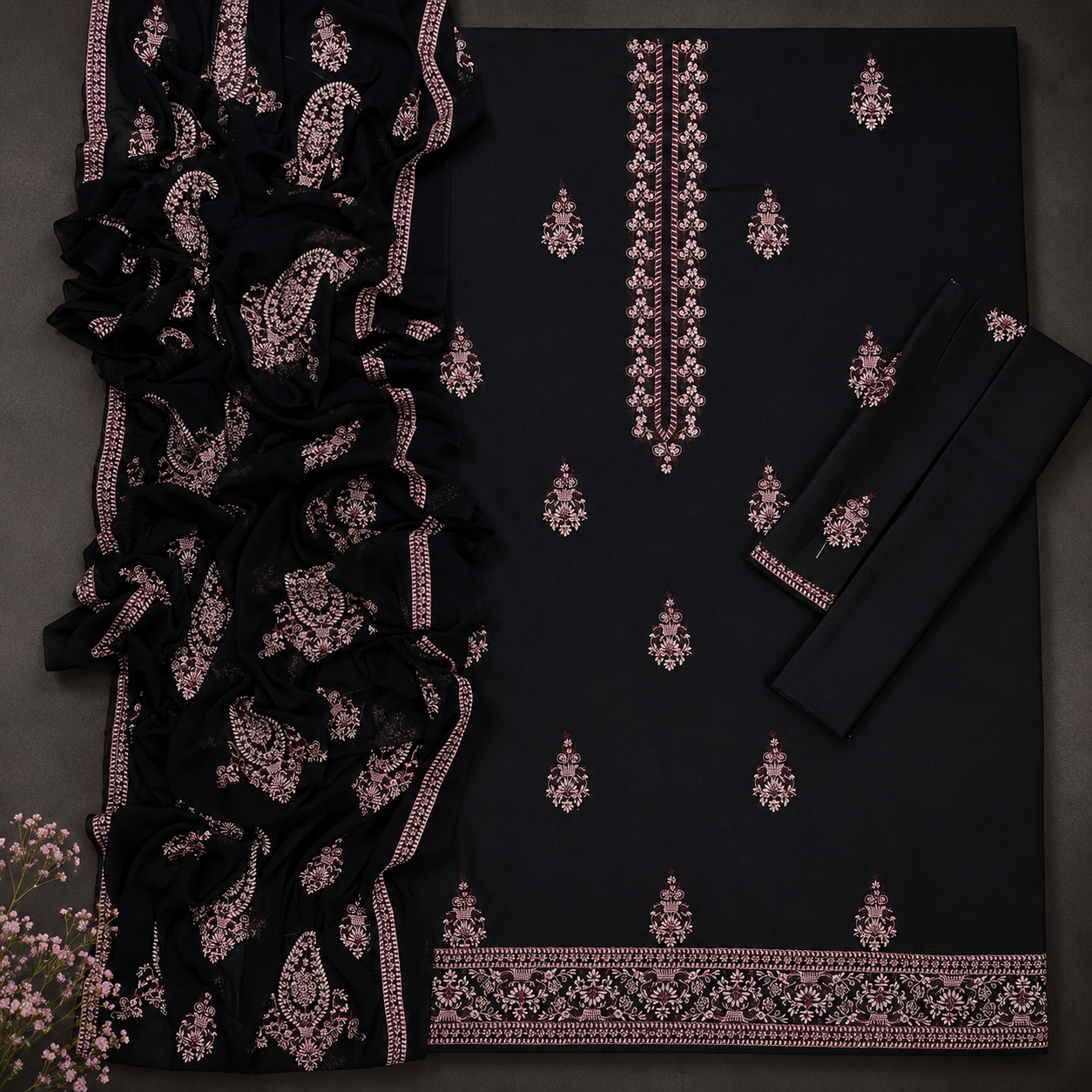 Kainaat Bareeze Lawn Embroidered Luxury Unstitched 3PC Suit – Black