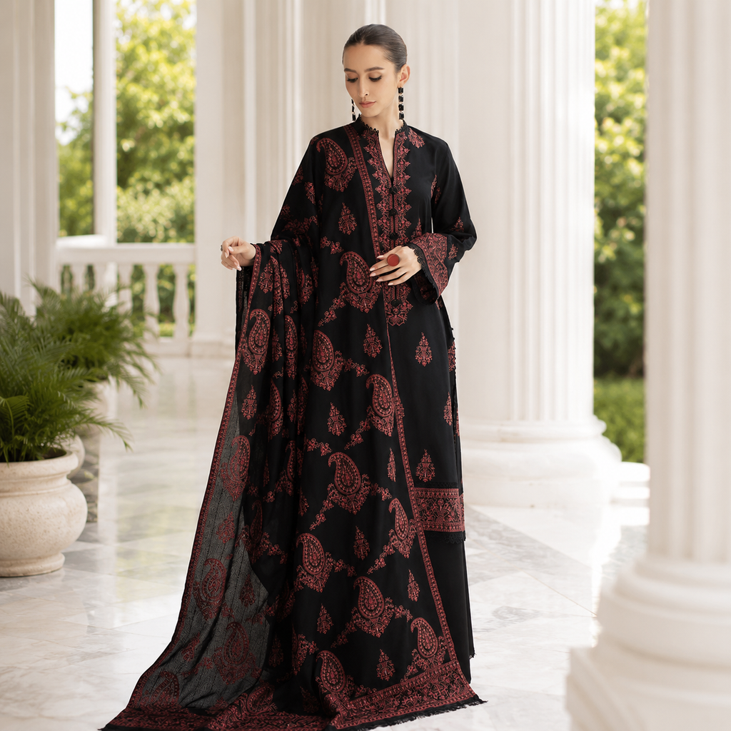 Kainaat Bareeze Lawn Embroidered Luxury Unstitched 3PC Suit – Black