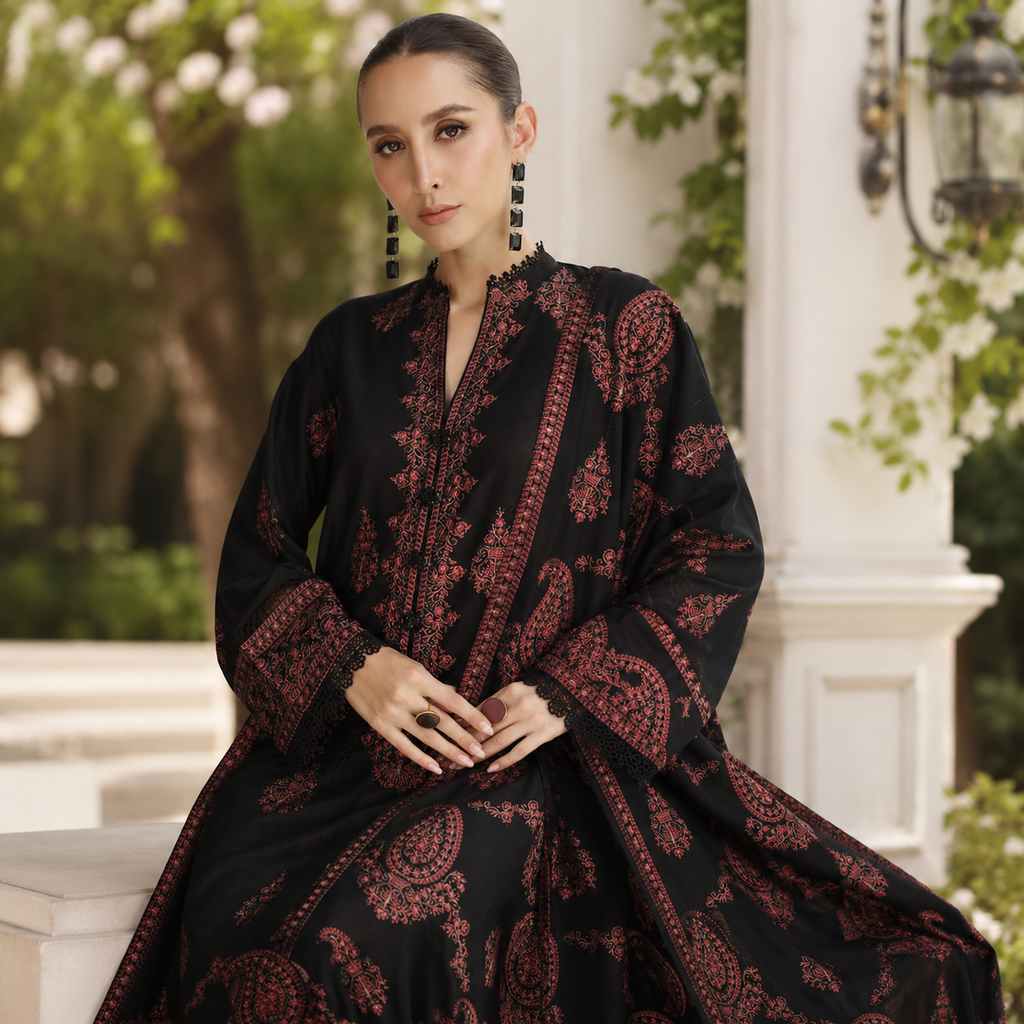 Kainaat Bareeze Lawn Embroidered Luxury Unstitched 3PC Suit – Black