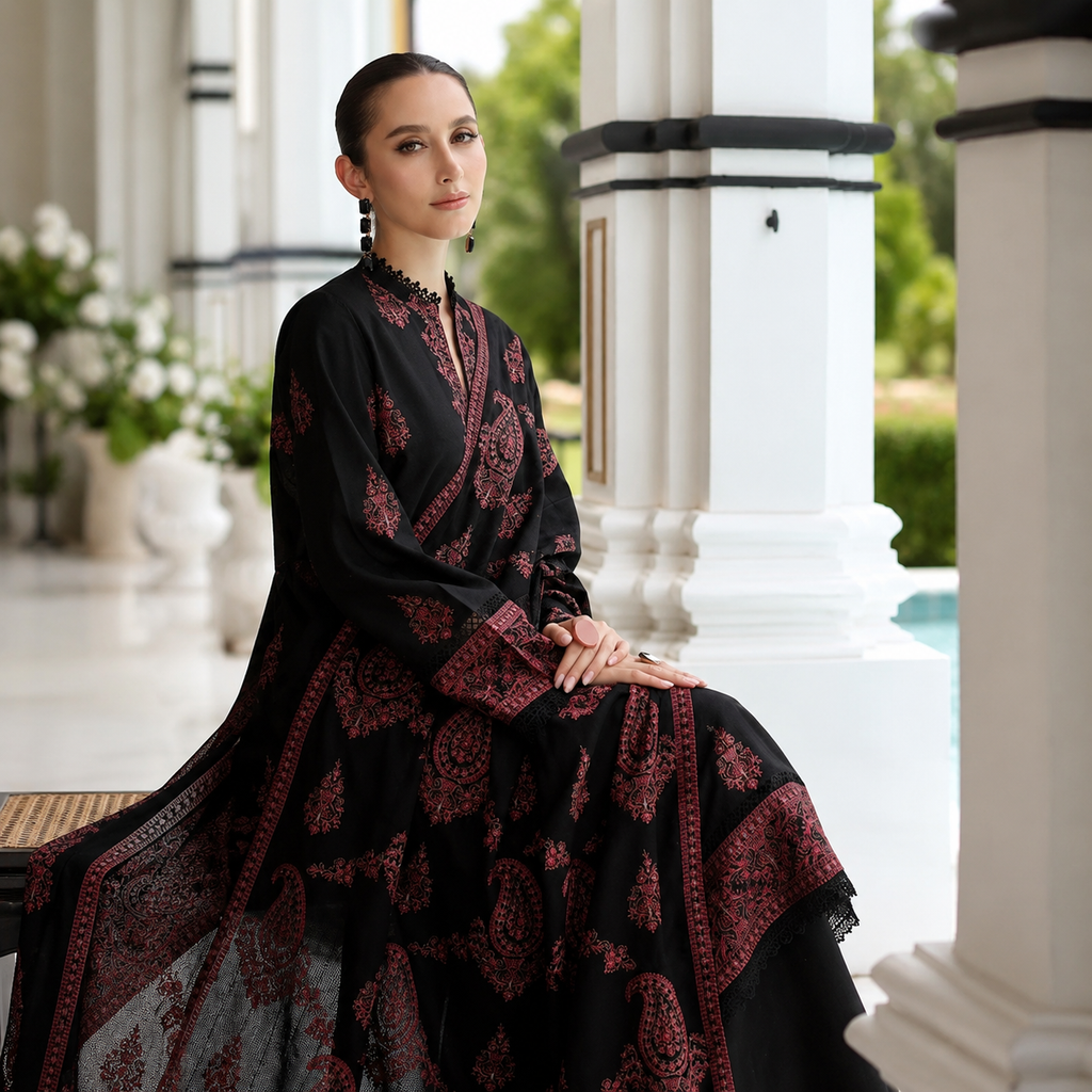 Kainaat Bareeze Lawn Embroidered Luxury Unstitched 3PC Suit – Black
