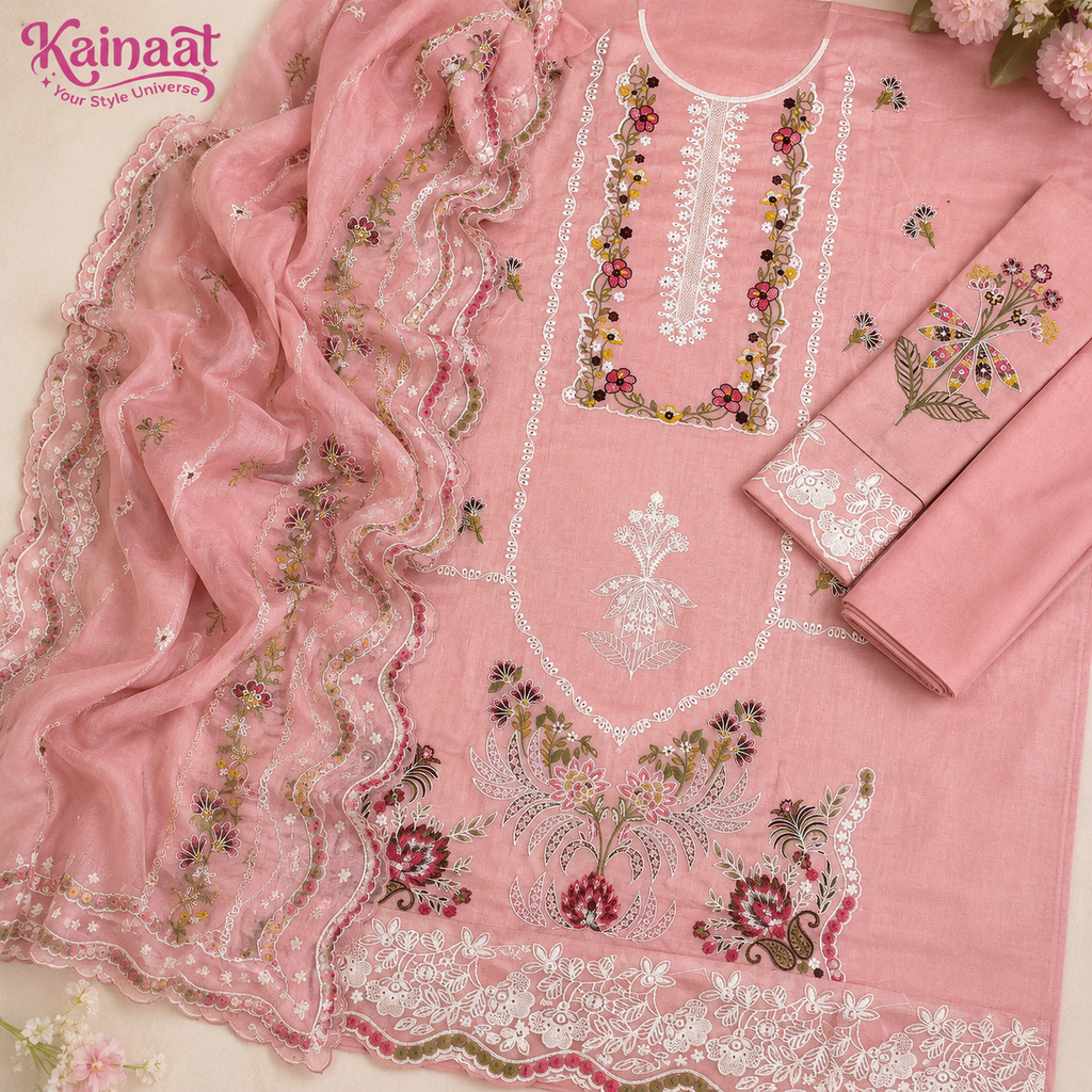 Kainaat Blush Pink Chikankari Embroidered Lawn 3 Piece Suit with Cutwork Lawn Dupatta