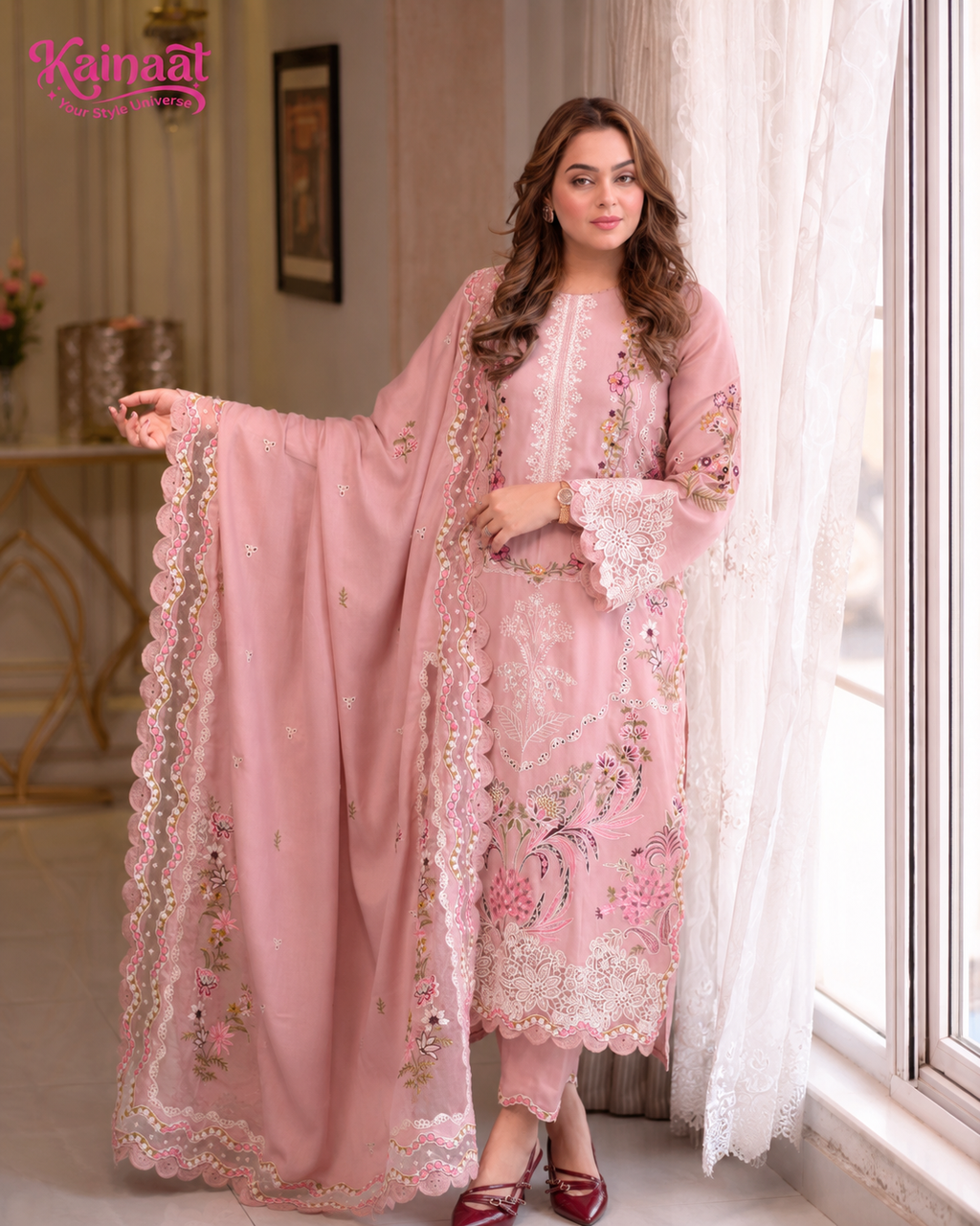 Kainaat Blush Pink Chikankari Embroidered Lawn 3 Piece Suit with Cutwork Lawn Dupatta