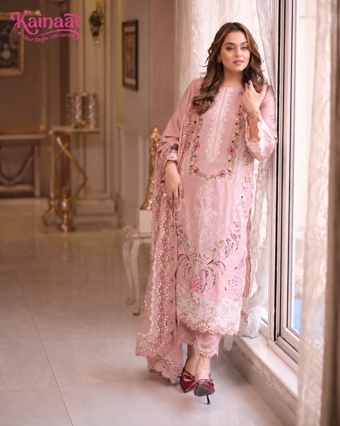 Kainaat Blush Pink Chikankari Embroidered Lawn 3 Piece Suit with Cutwork Lawn Dupatta