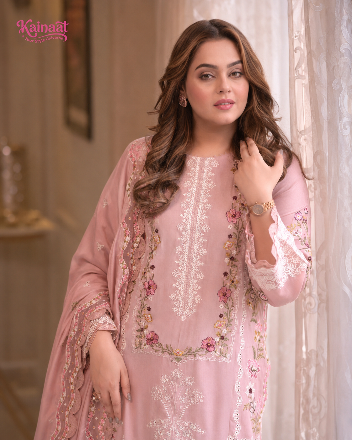Kainaat Blush Pink Chikankari Embroidered Lawn 3 Piece Suit with Cutwork Lawn Dupatta
