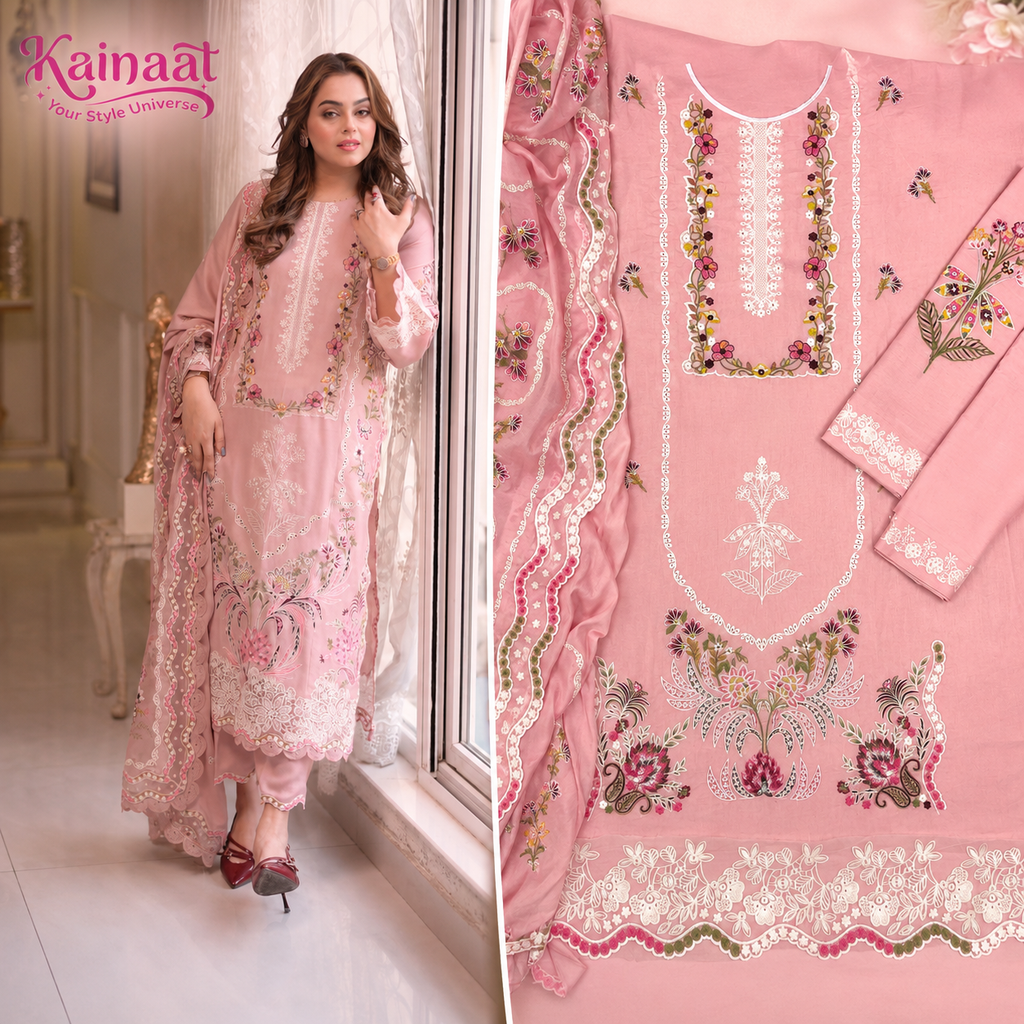 Kainaat Blush Pink Chikankari Embroidered Lawn 3 Piece Suit with Cutwork Lawn Dupatta