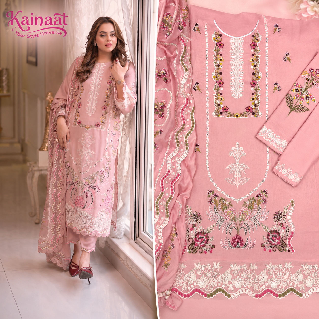 Kainaat Blush Pink Chikankari Embroidered Lawn 3 Piece Suit with Cutwork Lawn Dupatta