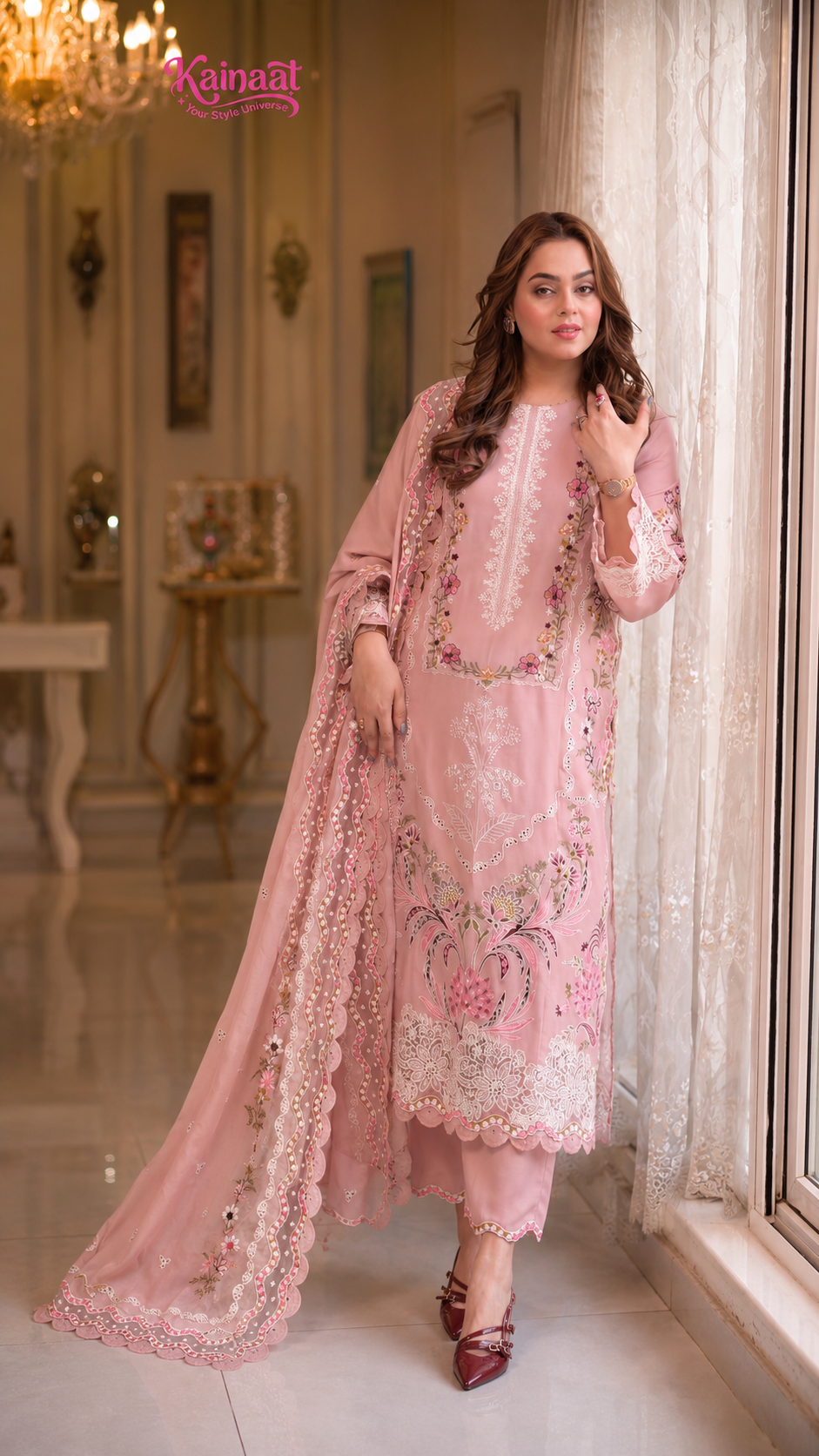 Kainaat Blush Pink Chikankari Embroidered Lawn 3 Piece Suit with Cutwork Lawn Dupatta