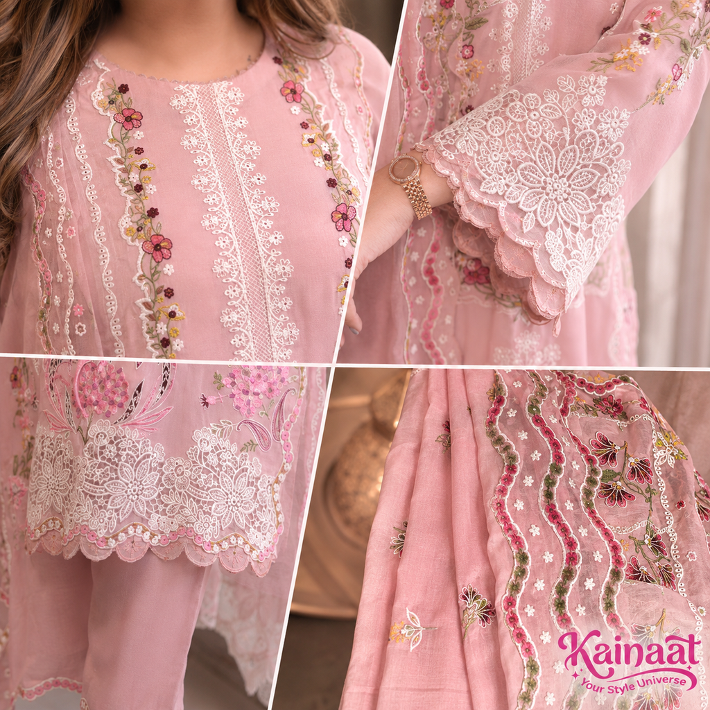 Kainaat Blush Pink Chikankari Embroidered Lawn 3 Piece Suit with Cutwork Lawn Dupatta