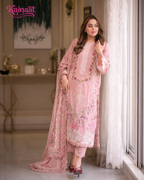 Kainaat Blush Pink Chikankari Embroidered Lawn 3 Piece Suit with Cutwork Lawn Dupatta