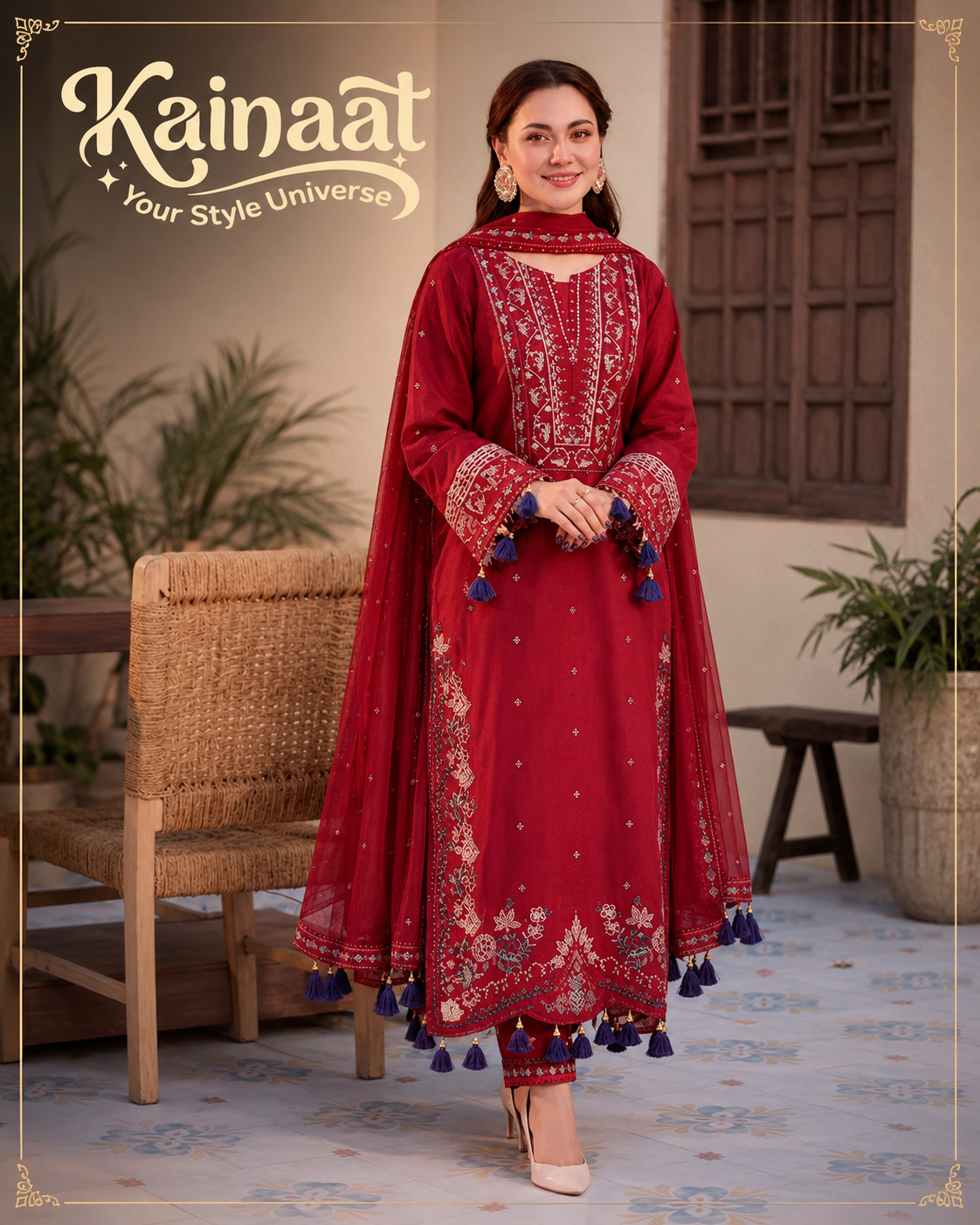 Kainaat Crimson Red Luxury Embroidered Lawn 3 Piece Unstitched Suit