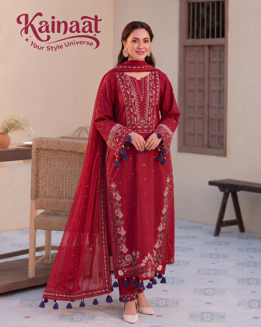 Kainaat Crimson Red Luxury Embroidered Lawn 3 Piece Unstitched Suit