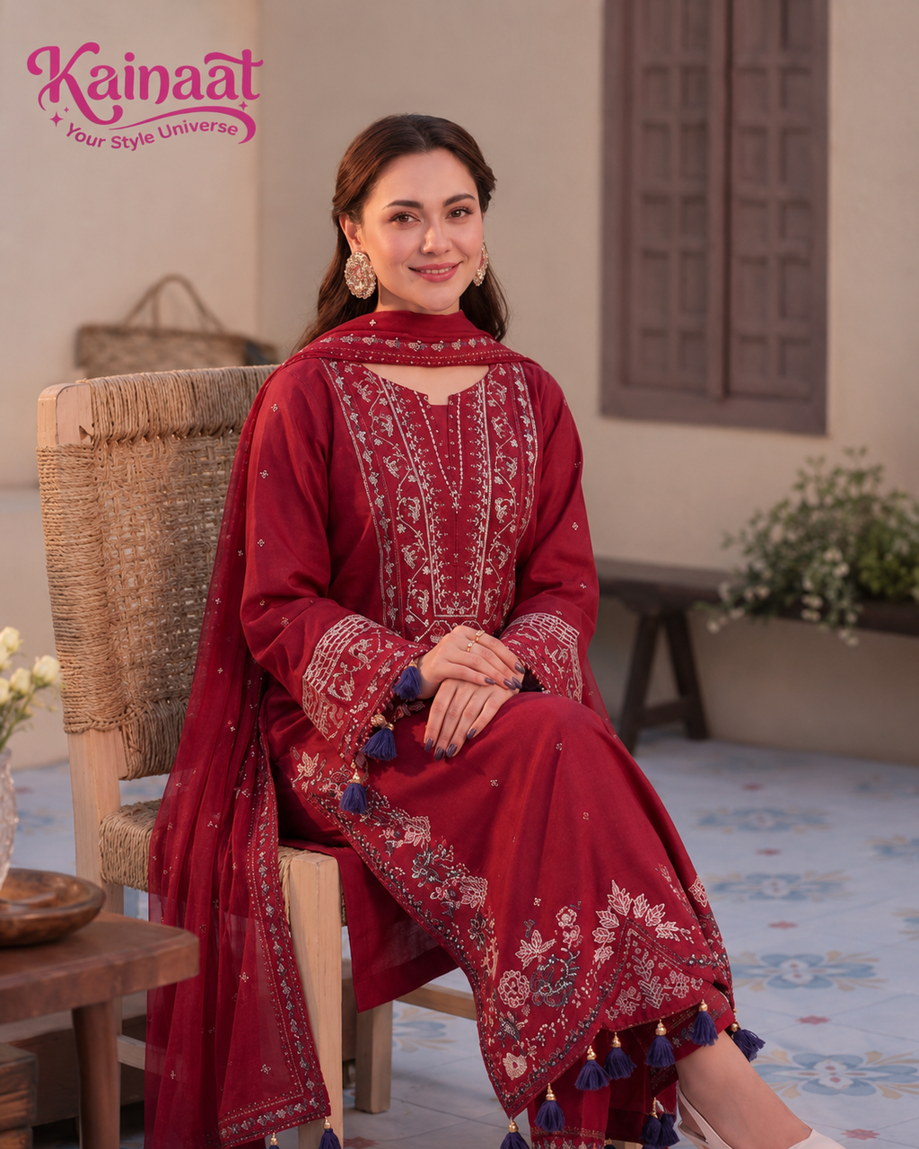 Kainaat Crimson Red Luxury Embroidered Lawn 3 Piece Unstitched Suit