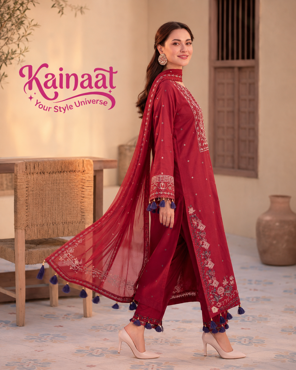Kainaat Crimson Red Luxury Embroidered Lawn 3 Piece Unstitched Suit