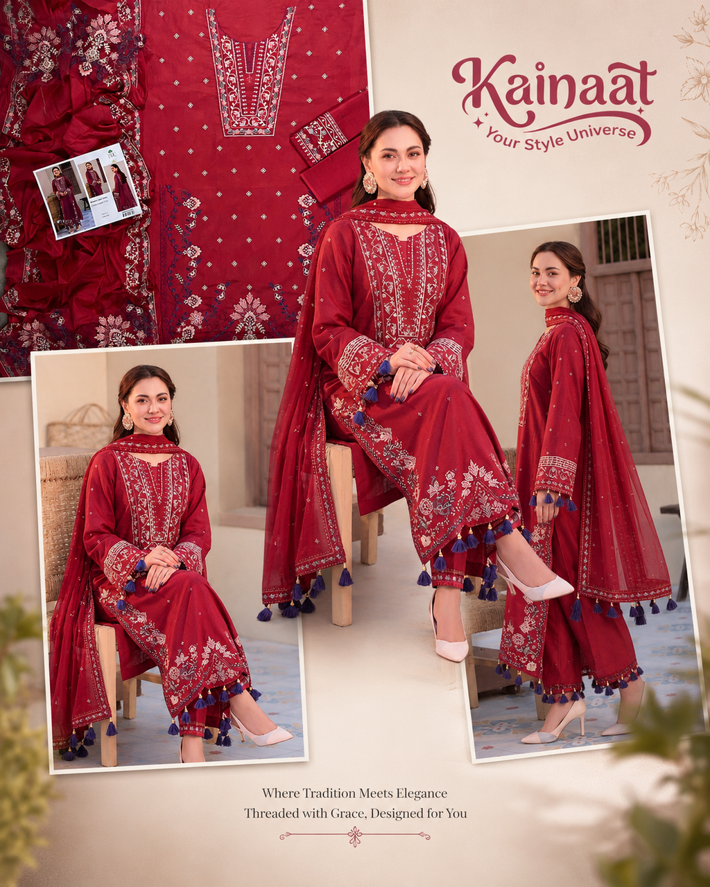 Kainaat Crimson Red Luxury Embroidered Lawn 3 Piece Unstitched Suit