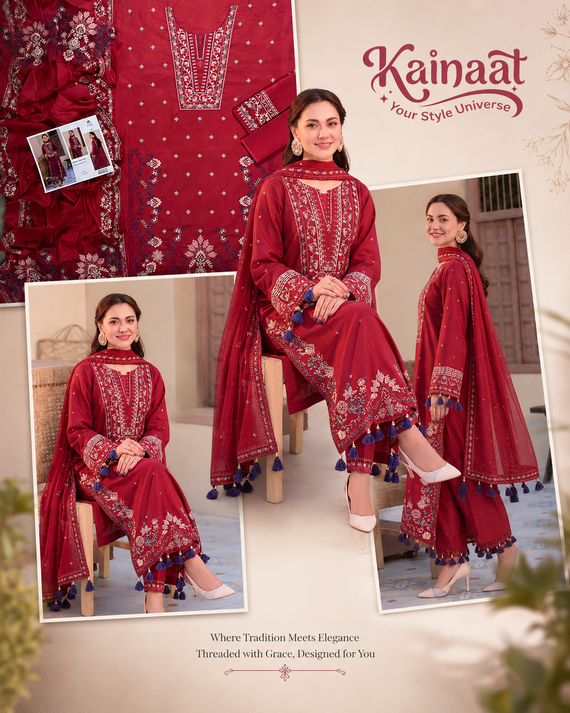 Kainaat Crimson Red Luxury Embroidered Lawn 3 Piece Unstitched Suit