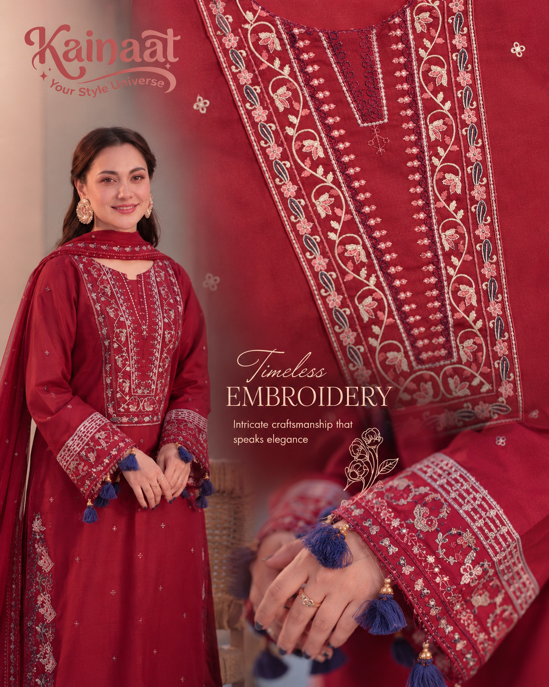 Kainaat Crimson Red Luxury Embroidered Lawn 3 Piece Unstitched Suit