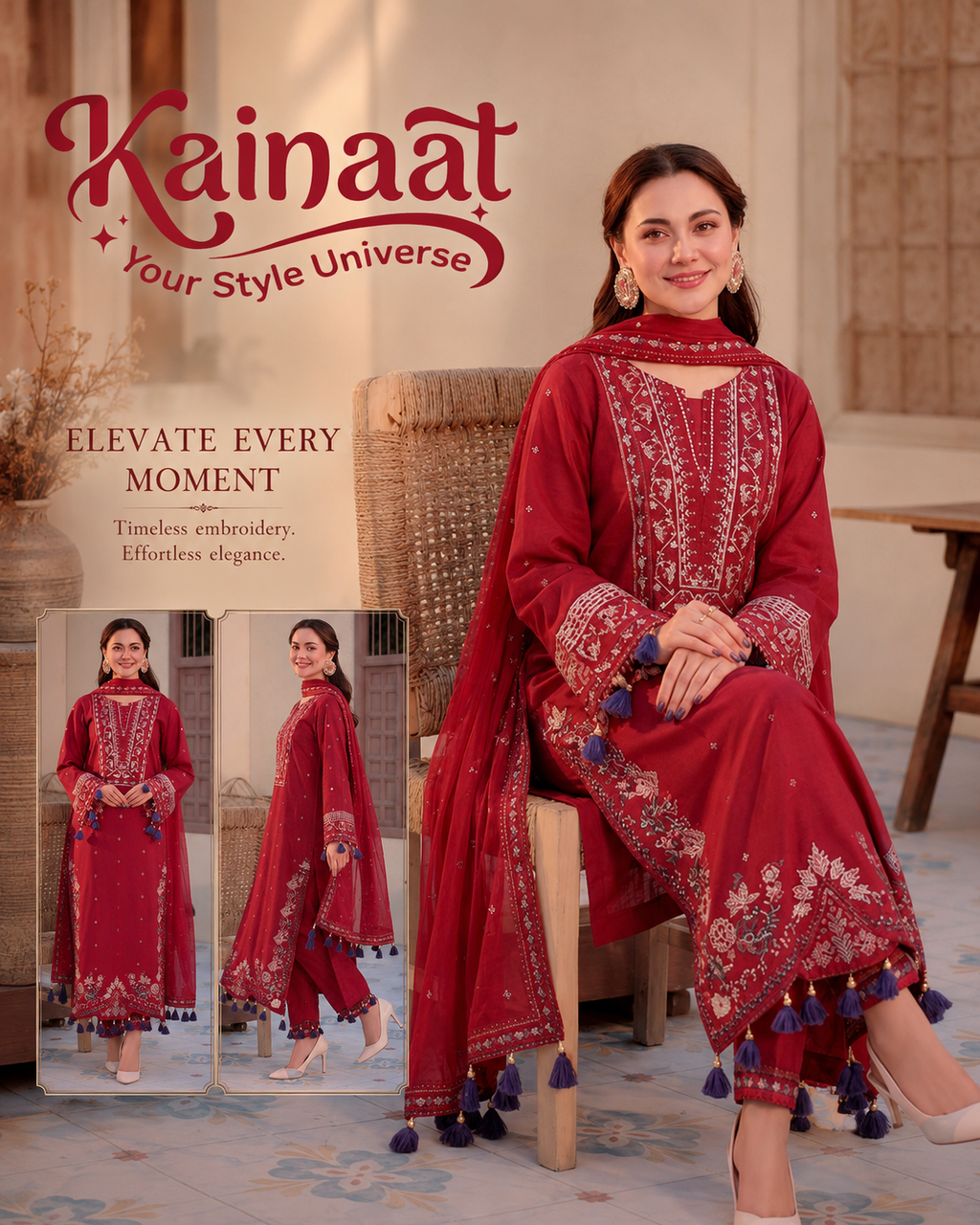 Kainaat Crimson Red Luxury Embroidered Lawn 3 Piece Unstitched Suit