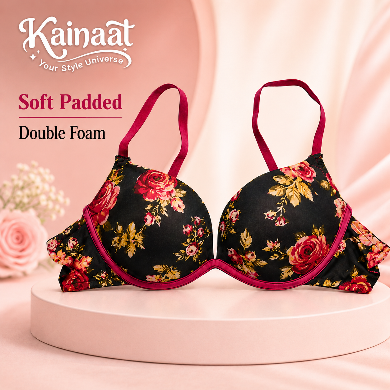 Kainaat Soft Padded Double Foam Floral Bra – Women’s Comfortable Everyday Wear