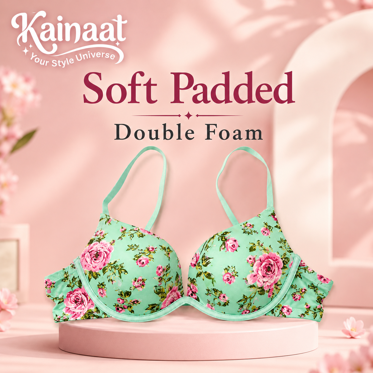 Kainaat Soft Padded Double Foam Floral Bra – Women’s Comfortable Everyday Wear