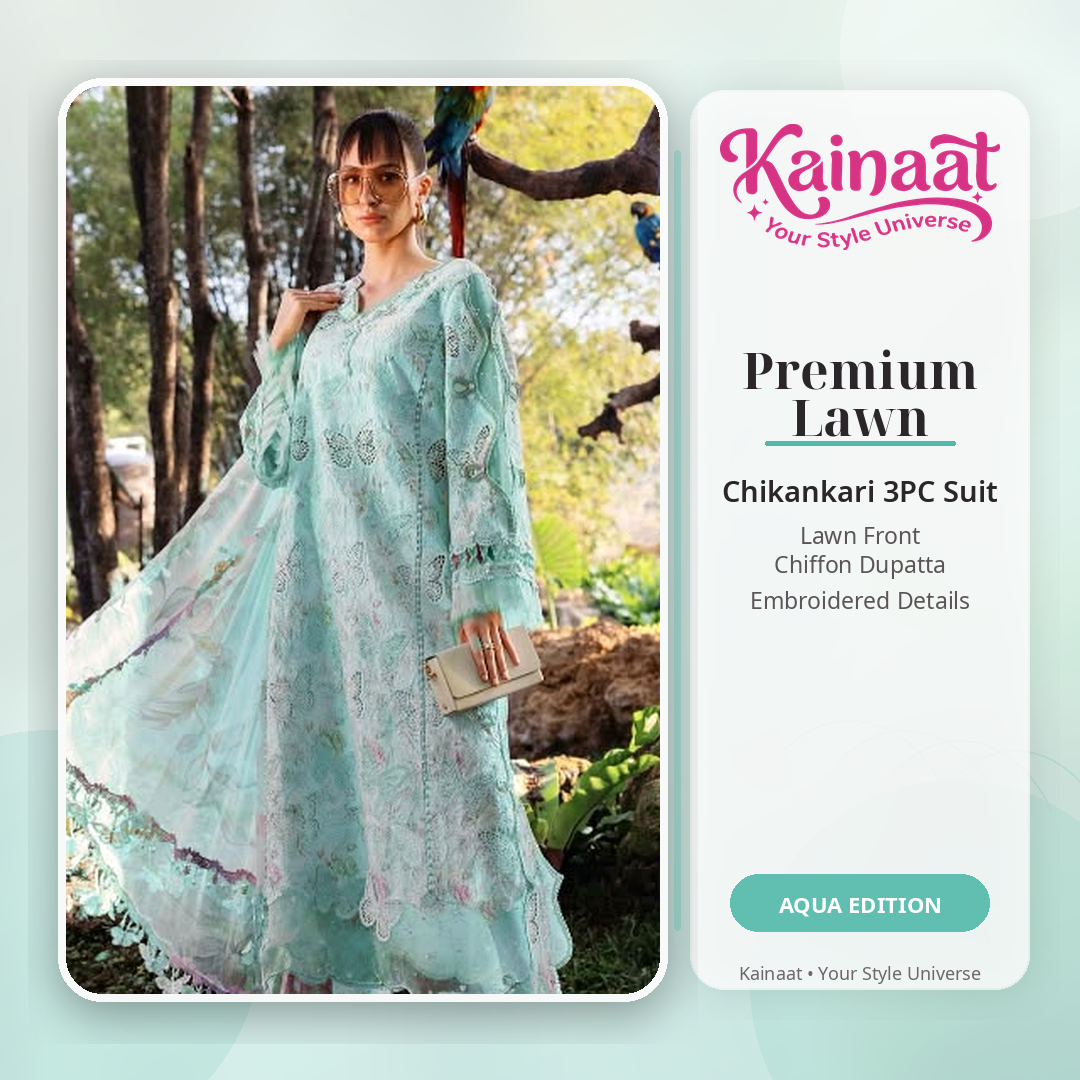 Kainaat Designer Inspired Premium Chikankari Lawn Suit – 3 Piece Unstitched