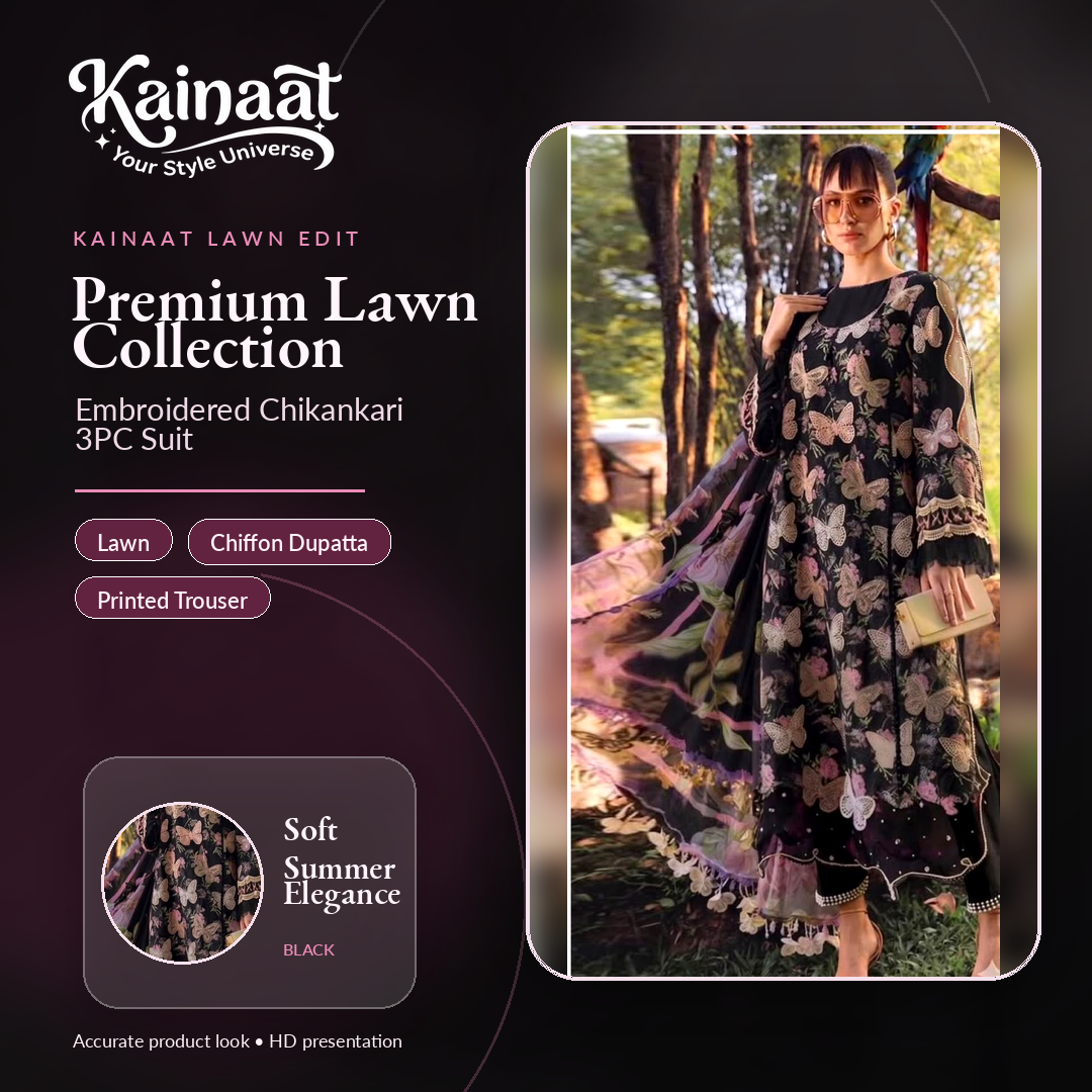 Kainaat Designer Inspired Premium Chikankari Lawn Suit – 3 Piece Unstitched