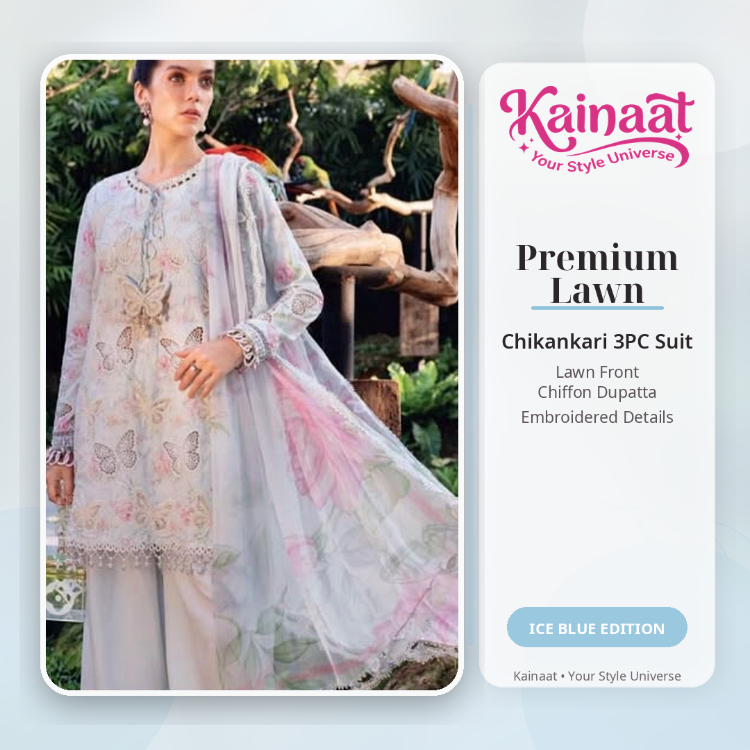 Kainaat Designer Inspired Premium Chikankari Lawn Suit – 3 Piece Unstitched