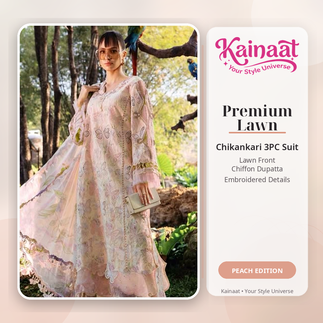 Kainaat Designer Inspired Premium Chikankari Lawn Suit – 3 Piece Unstitched