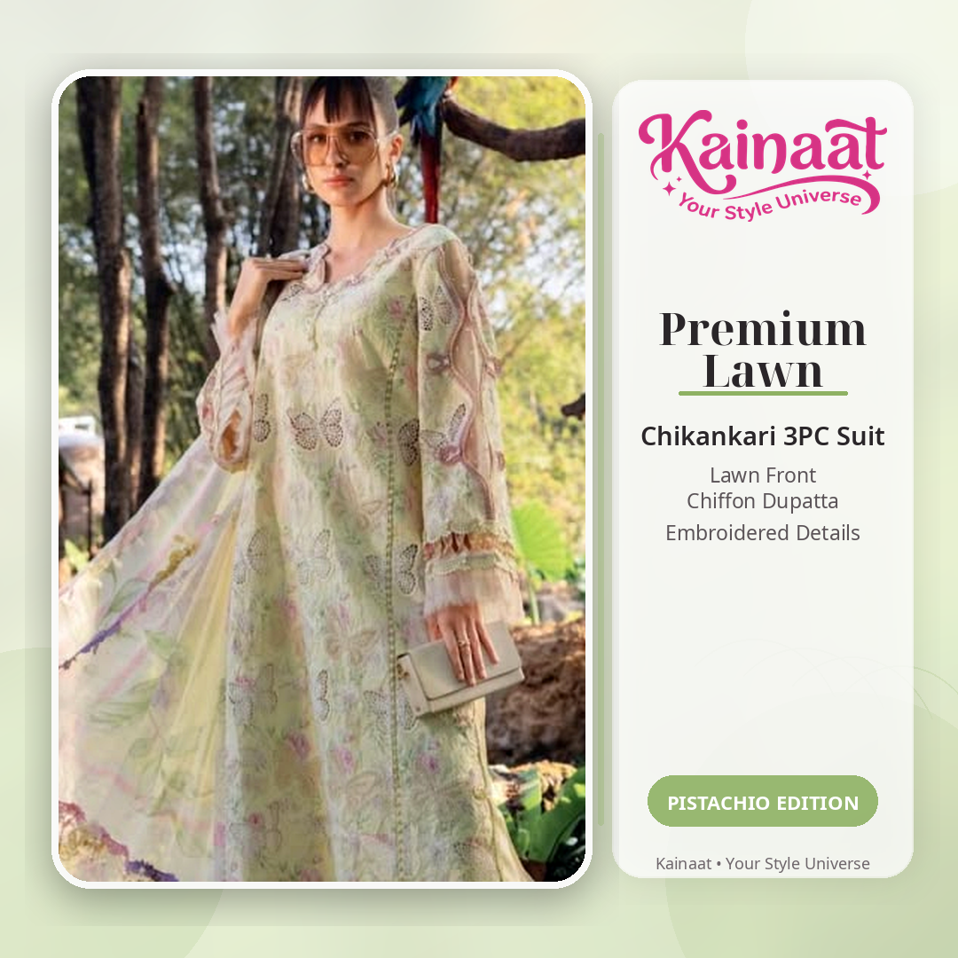 Kainaat Designer Inspired Premium Chikankari Lawn Suit – 3 Piece Unstitched