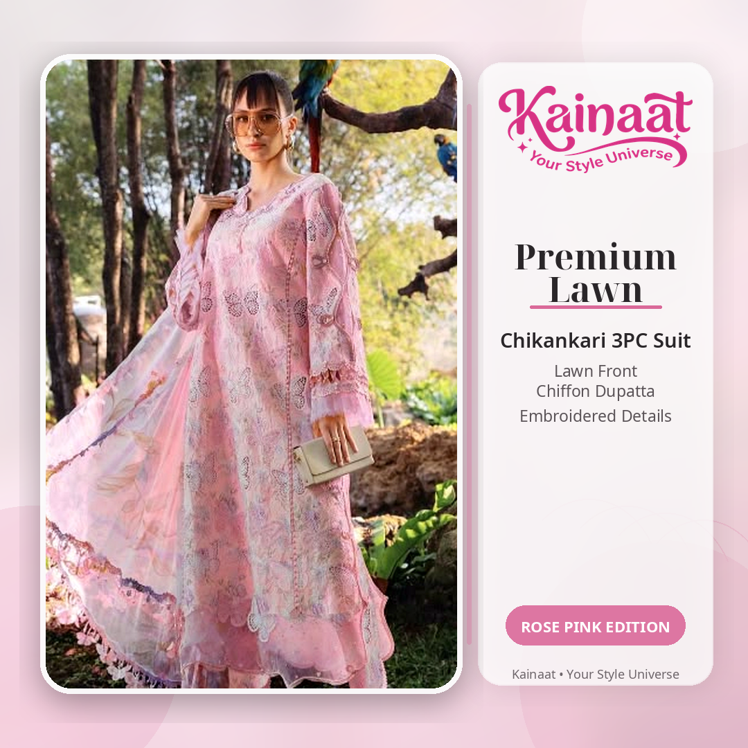 Kainaat Designer Inspired Premium Chikankari Lawn Suit – 3 Piece Unstitched