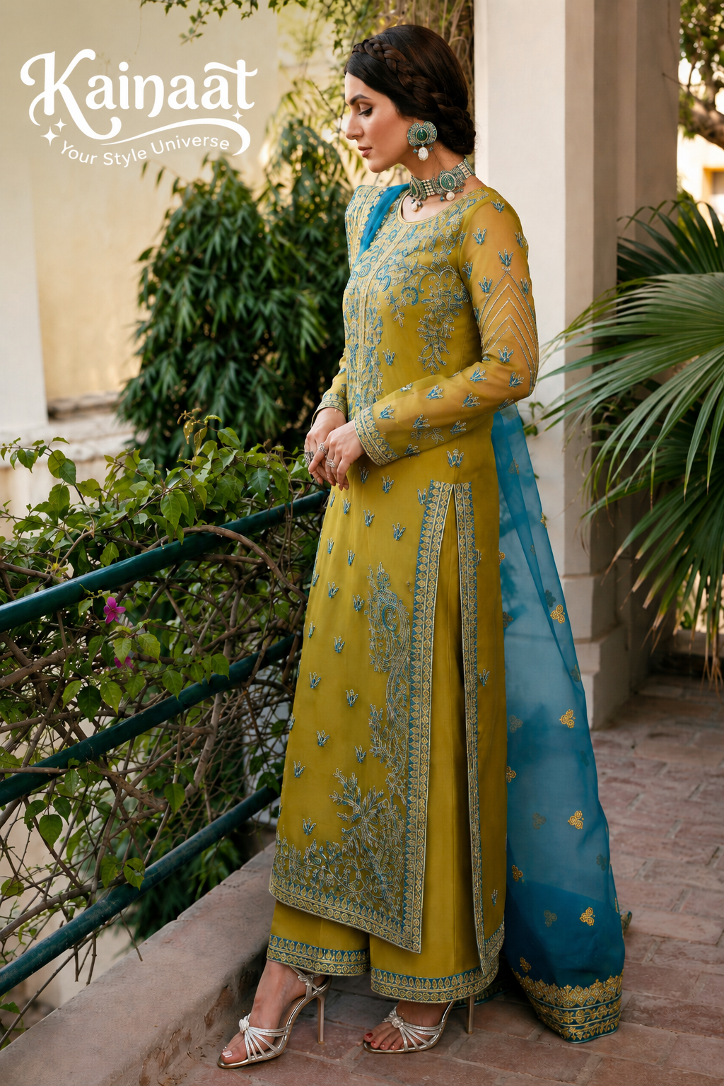 Kainaat embroidered frock suit with organza dupatta