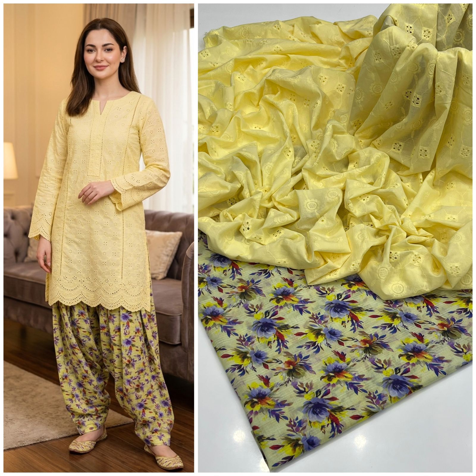 Kainaat Chikankari Boring Lawn Suit with Printed Trouser – 2 Piece Unstitched