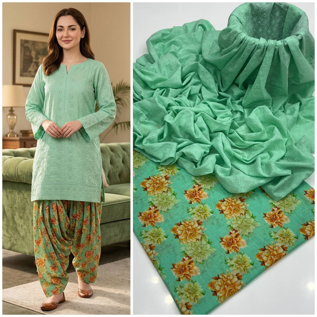Kainaat Chikankari Boring Lawn Suit with Printed Trouser – 2 Piece Unstitched