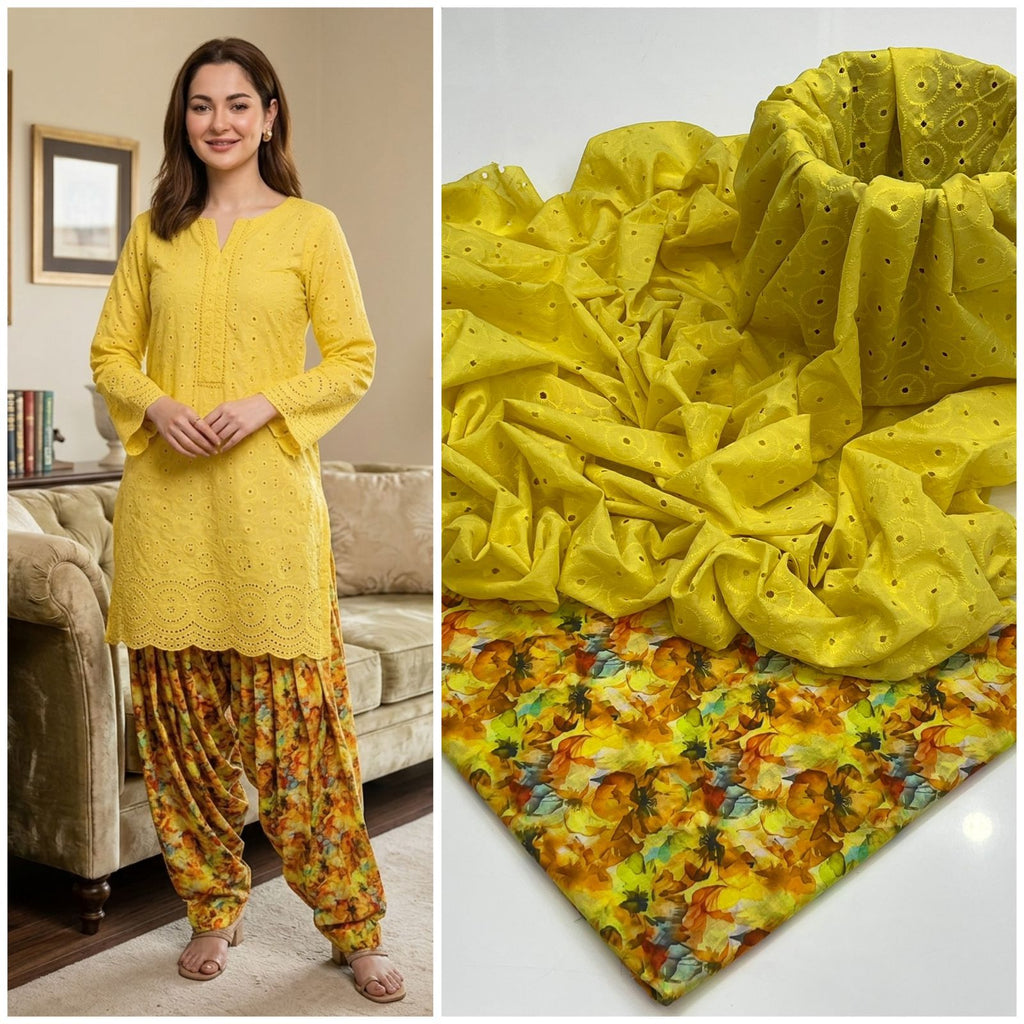 Kainaat Chikankari Boring Lawn Suit with Printed Trouser – 2 Piece Unstitched