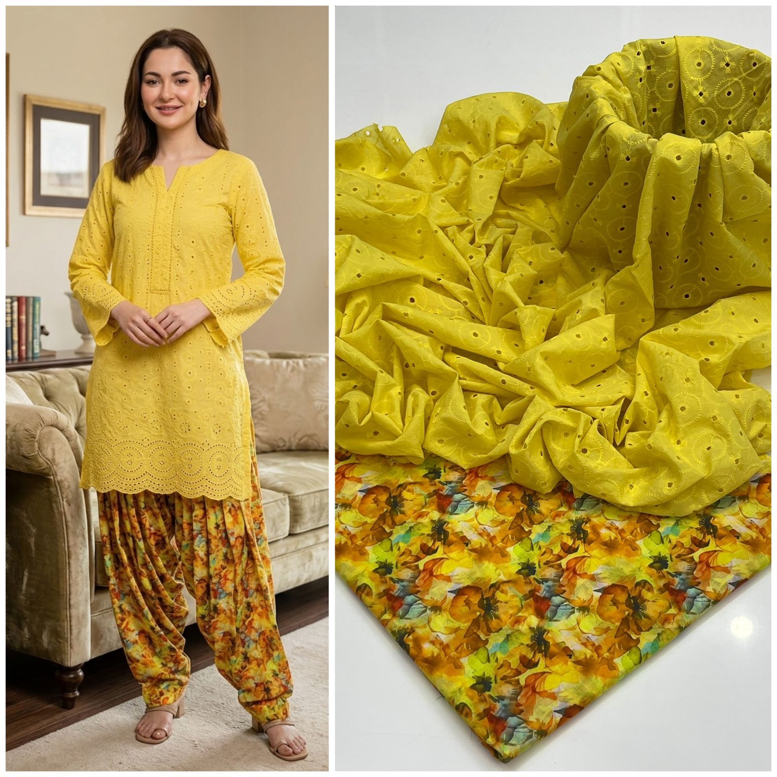Kainaat Chikankari Boring Lawn Suit with Printed Trouser – 2 Piece Unstitched